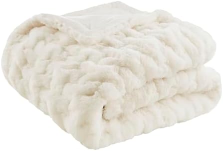 Madison Park Ivory Ruched Faux Fur Throw 50x60