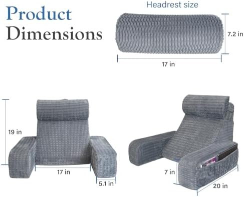 Selectico Reading Pillow for Bed with Arms and Pockets Grey