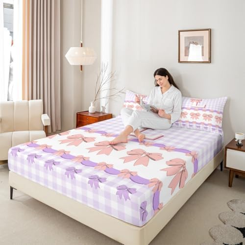 Castle Fairy Purple Checkered Mattress Protector Twin Size with Pillowcase