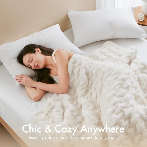 Madison Park Ivory Ruched Faux Fur Throw 50x60