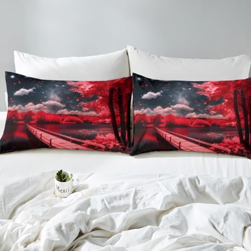 Homewish Red Trees Lake Cabin Decor Twin Fitted Sheet Set
