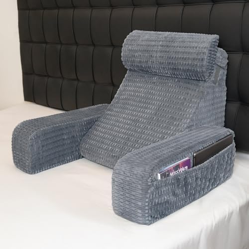 Selectico Reading Pillow for Bed with Arms and Pockets Grey
