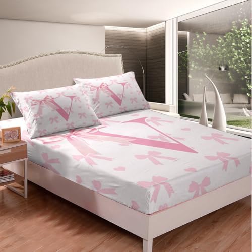 Manfei Pink Bow Queen Fitted Sheet Set with 2 Pillowcases
