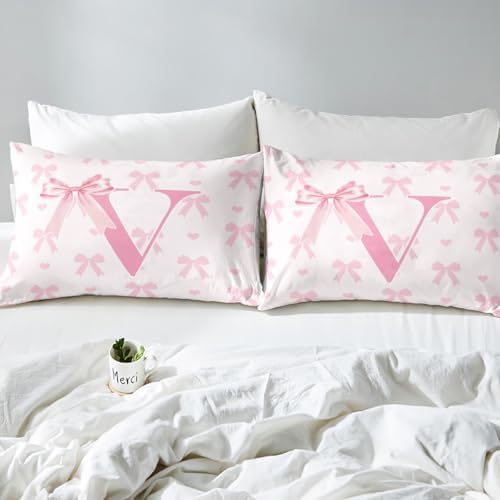 Manfei Pink Bow Queen Fitted Sheet Set with 2 Pillowcases
