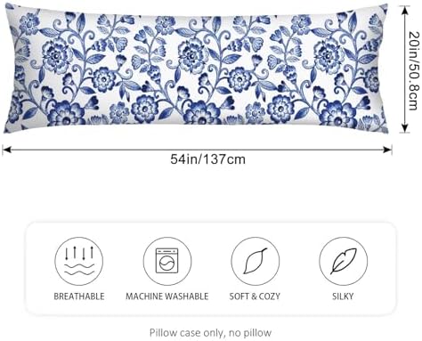 Blue and White Porcelain Floral Body Pillow Cover 20x54