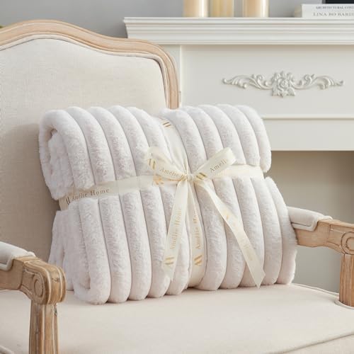 Amlie Home Faux Fur Throw Blanket Ivory 55x70