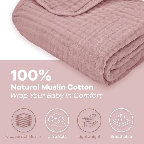 Comfy Cubs Muslin Baby Blanket - 6-Layer Soft Lightweight Mauve