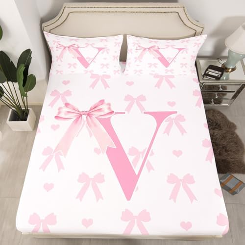 Manfei Pink Bow Queen Fitted Sheet Set with 2 Pillowcases