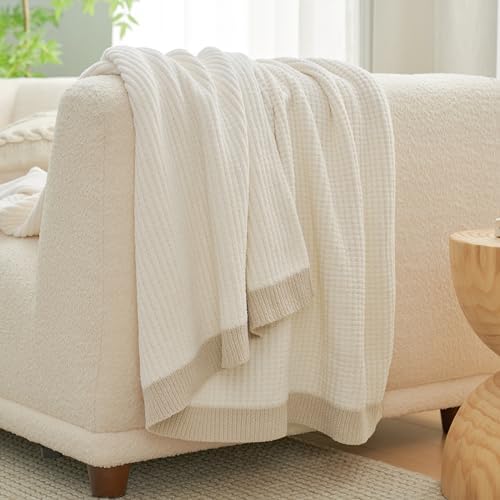 Amlie Home Chenille Waffle Throw Blanket Ivory 50x60 Reversible