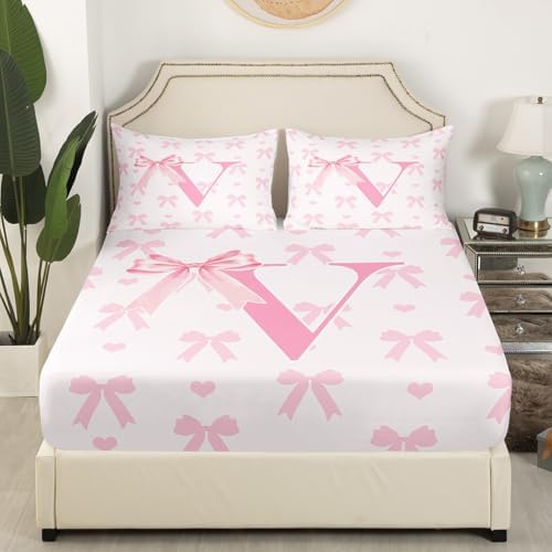 Manfei Pink Bow Queen Fitted Sheet Set with 2 Pillowcases