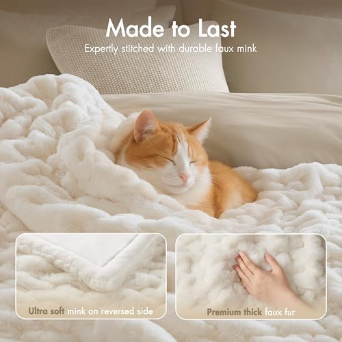 Madison Park Ivory Ruched Faux Fur Throw 50x60