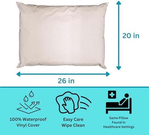 2 Pack MediCheck White Vinyl Bed Pillows - Wipeable Non-Fluffy Low Profile