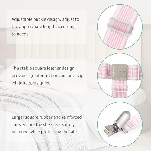 Febcraft 4 Pcs Adjustable Sheet Straps - Non-Slip and Quiet Hold Pink