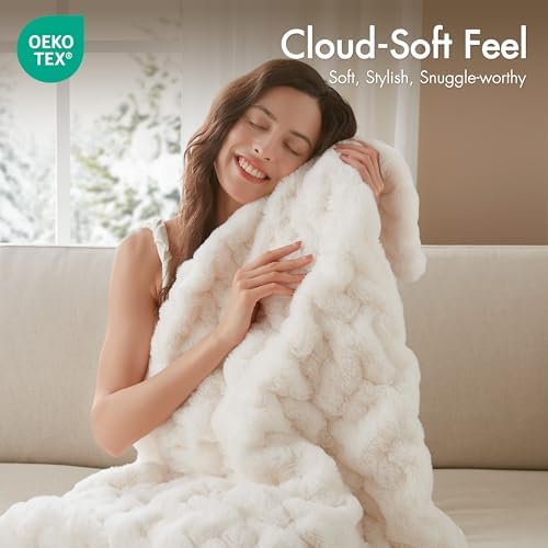 Madison Park Ivory Ruched Faux Fur Throw 50x60