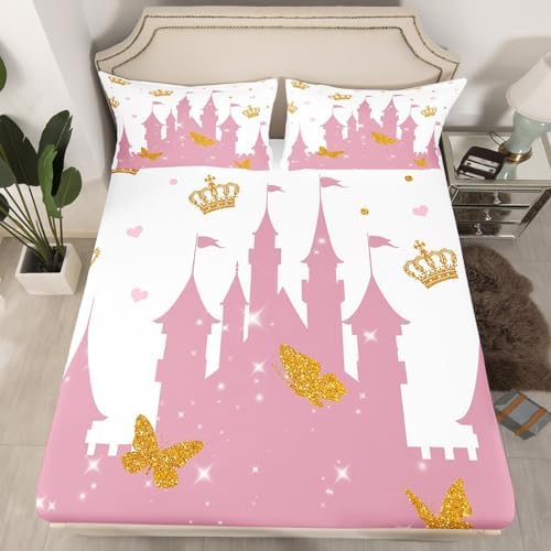 Castle Fairy Cartoon Pink Castle Sheet Set Twin Size 1