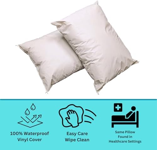 2 Pack MediCheck White Vinyl Bed Pillows - Wipeable Non-Fluffy Low Profile