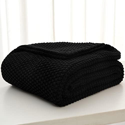 Longhui Chunky Cable Knit Throw Blanket 60x80 Black Organic Cotton 1