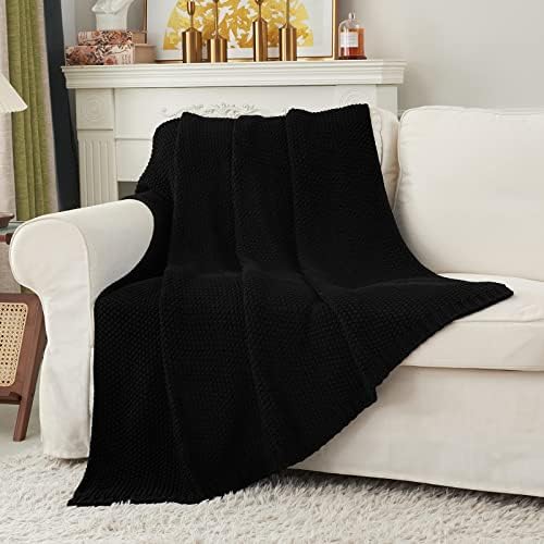 Longhui Chunky Cable Knit Throw Blanket 60x80 Black Organic Cotton 1