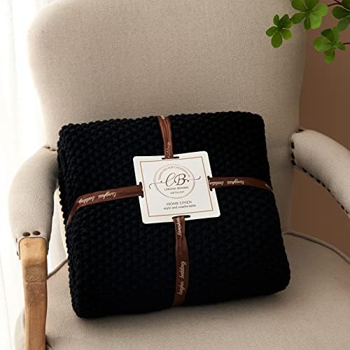 Longhui Chunky Cable Knit Throw Blanket 60x80 Black Organic Cotton 1