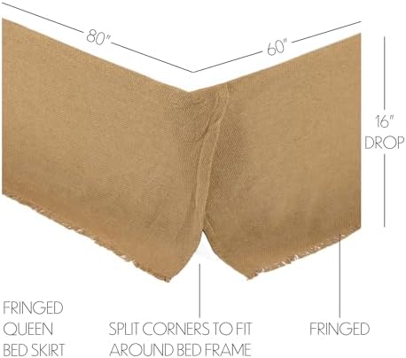 VHC Brands Burlap Fringed Bed Skirt Queen 60x80x16 Natural Tan 1