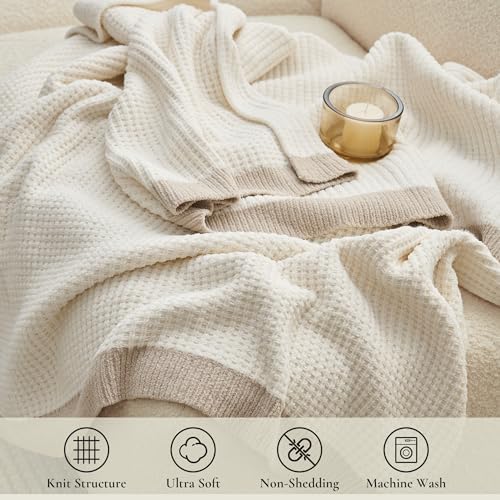 Amlie Home Chenille Waffle Throw Blanket Ivory 50x60 Reversible