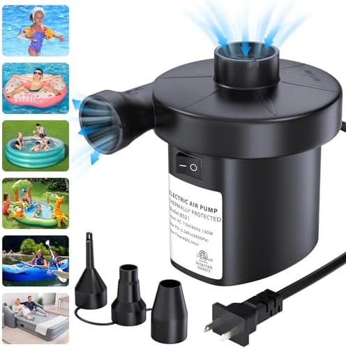 VANNPOOY Electric Air Pump for Inflatables 3 Nozzles 130W 058PSI