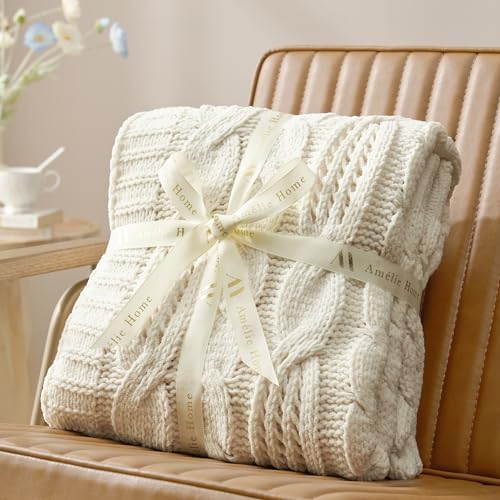 Amlie Home Chunky Knit Throw Blanket 50x60 Ivory