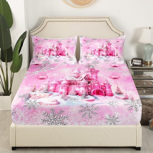 Pink Castle Fitted Sheet Set Twin Size with Pillowcase