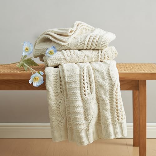 Amlie Home Chunky Knit Throw Blanket 50x60 Ivory