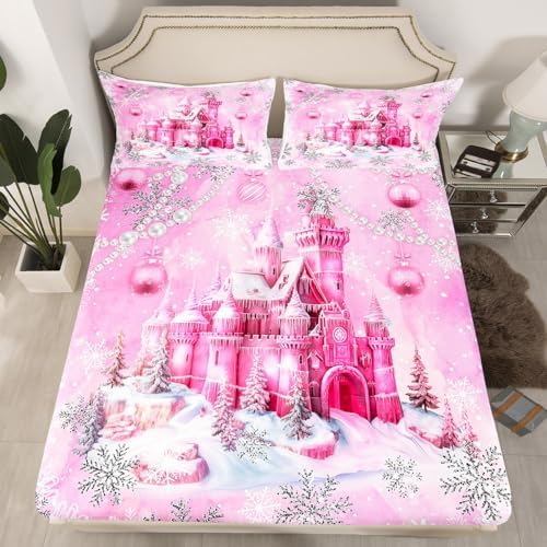 Pink Castle Fitted Sheet Set Twin Size with Pillowcase