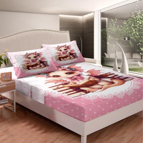 Pink Cartoon Animals Queen Fitted Sheet Set with Pillow Cases