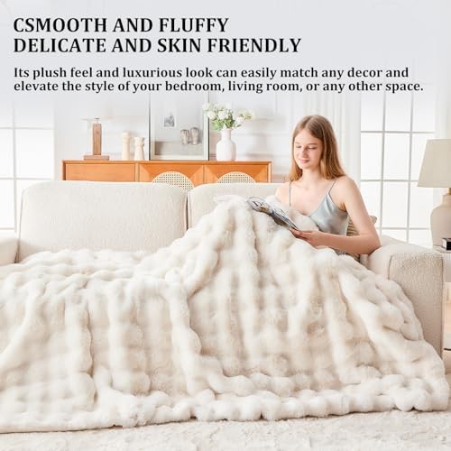 Faux Fur Throw Blanket 50x60 Cozy Luxury Ivory