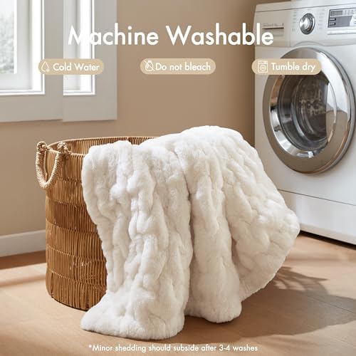 Madison Park Ivory Ruched Faux Fur Throw 50x60