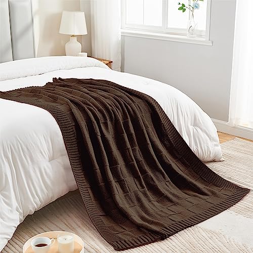 CozeCube Check Knit Throw Blanket Dark Brown for Couch and Bed