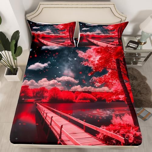 Homewish Red Trees Lake Cabin Decor Twin Fitted Sheet Set