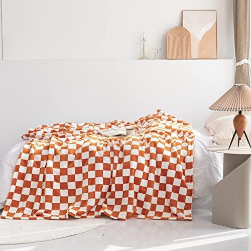 LOMAO Flannel Throw Blanket with Checkerboard Design Orange 50x60