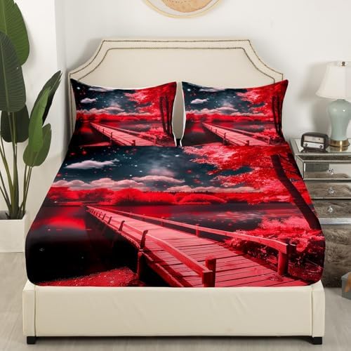 Homewish Red Trees Lake Cabin Decor Twin Fitted Sheet Set