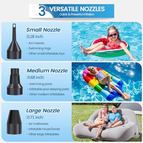 VANNPOOY Electric Air Pump for Inflatables 3 Nozzles 130W 058PSI