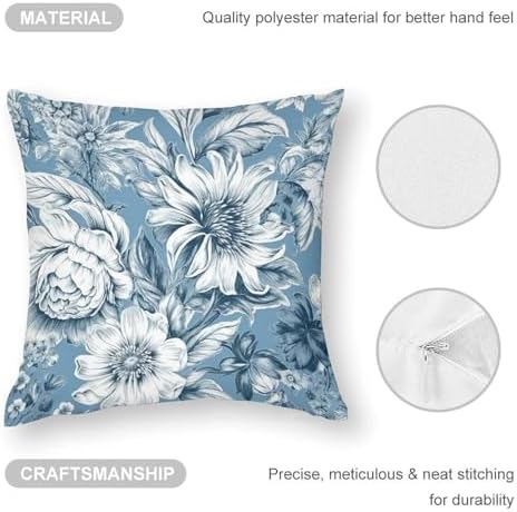 Floral Blue and White Throw Pillow Covers 14x14 Inches