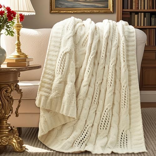 Amlie Home Chunky Knit Throw Blanket 50x60 Ivory