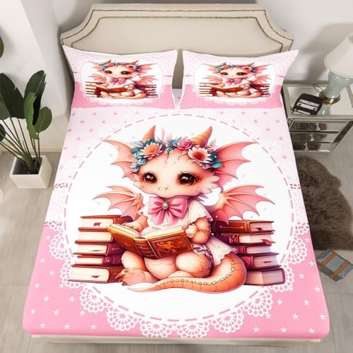 Pink Cartoon Animals Queen Fitted Sheet Set with Pillow Cases