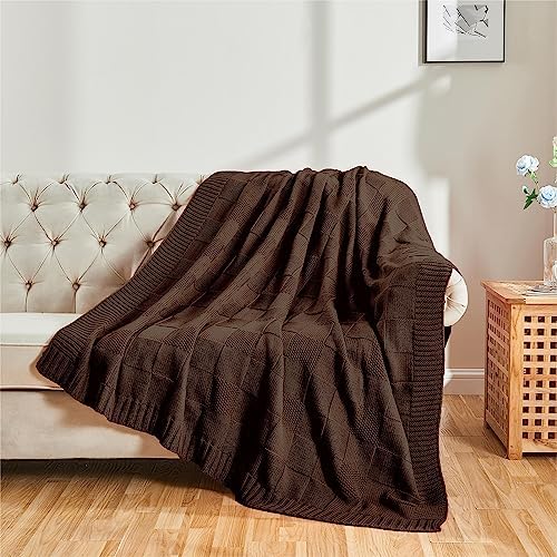 CozeCube Check Knit Throw Blanket Dark Brown for Couch and Bed
