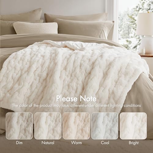 Madison Park Ivory Ruched Faux Fur Throw 50x60