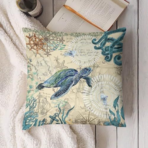 Nautical Sea Turtle Pillow Case Set of 2 16x16in 1