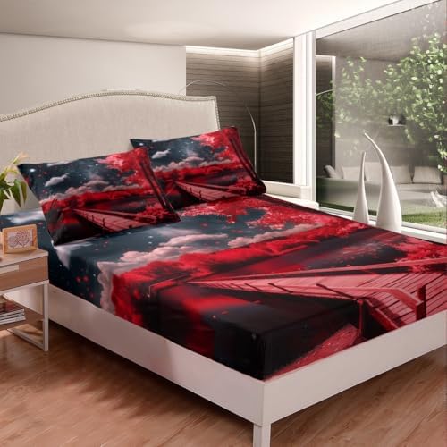 Homewish Red Trees Lake Cabin Decor Twin Fitted Sheet Set