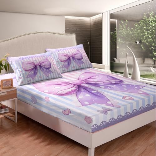 Manfei Purple Bowknot Queen Fitted Sheet Set