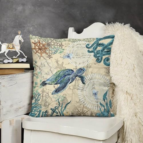 Nautical Sea Turtle Pillow Case Set of 2 16x16in 1