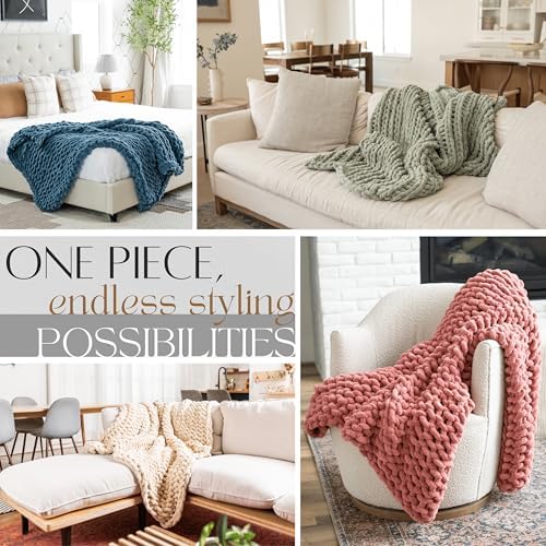 SAMIAH LUXE Green Chunky Knit Boho Throw Blanket