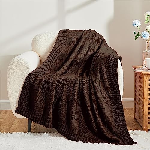 CozeCube Check Knit Throw Blanket Dark Brown for Couch and Bed