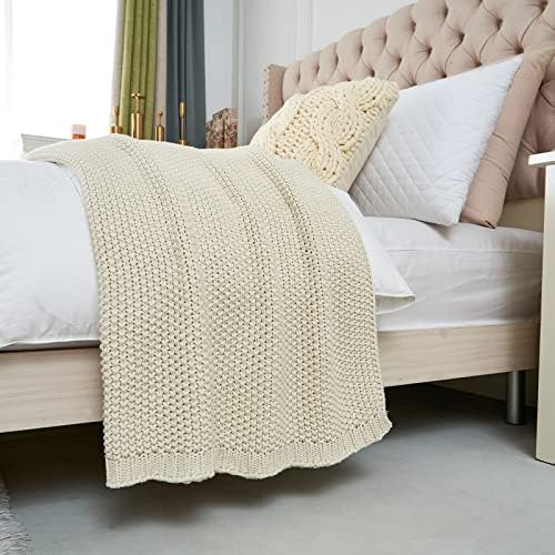 Longhui Bedding Chunky Cable Knit Throw Blanket Cream 60x80